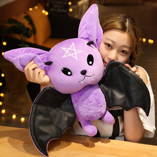 Black bat plush toy with grey ears and belly, pink nose, white fangs, and a yellow crescent moon. - Image 5