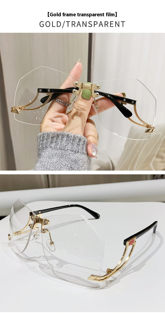 Rimless sunglasses with gradient pink lenses and gold-tone hollow temples, featuring a unique quadrilateral shape. - Image 20