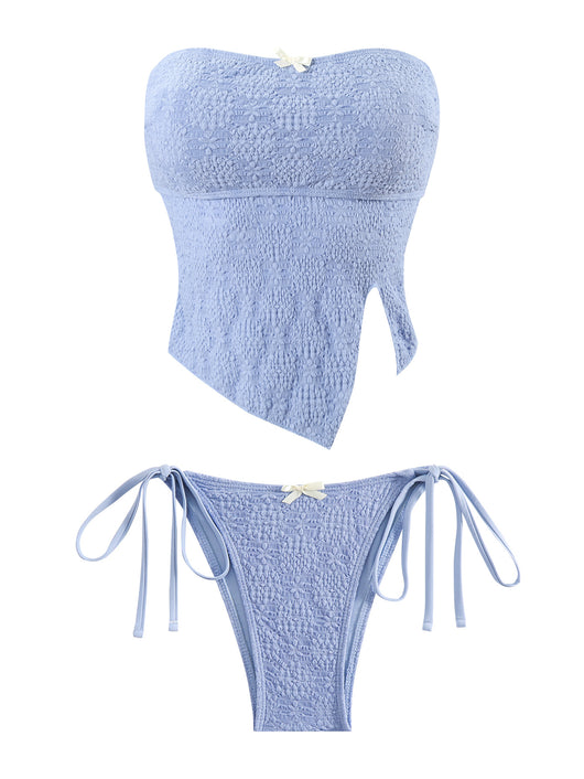 Light blue textured two-piece bikini with a strapless top and high-cut bottom with side ties and white bows. - Image 12