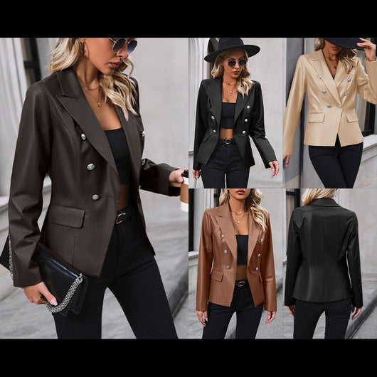 Chaqueta de Cuero Motociclista Doble Botonadura para Mujer - Image 11