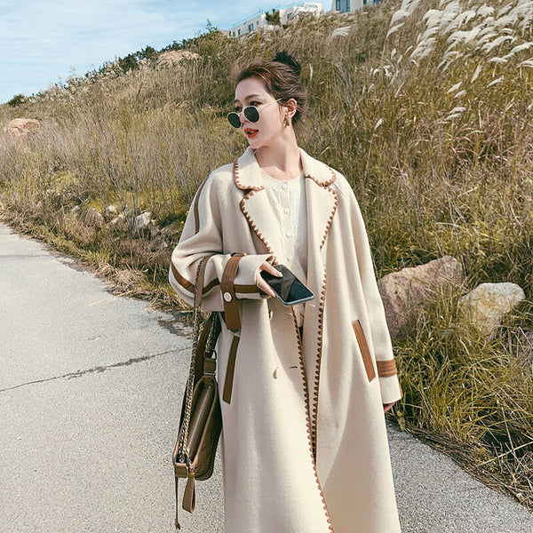 Abrigo Holgado de Lana Reversible Beige con Bordes Contrastantes