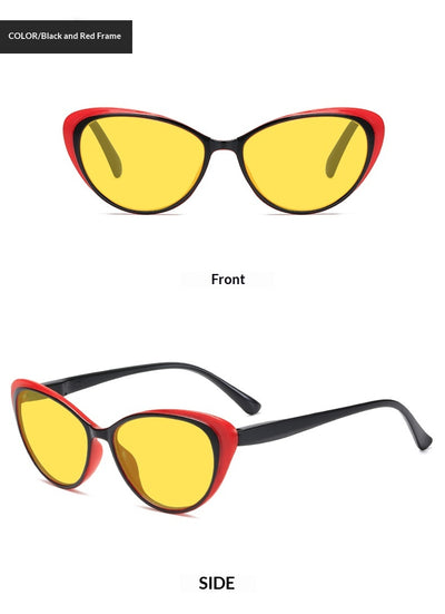 Retro cat-eye sunglasses with bright black frames and yellow night vision lenses on a white background. - Image 19