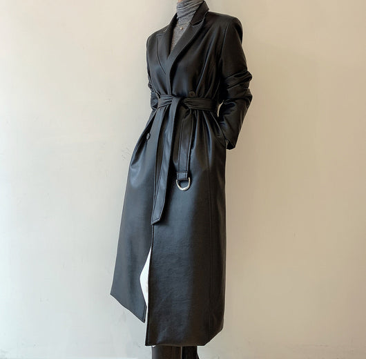 Abrigo Trench Coat de Cuero PU Doble Botonadura con Cuello de Traje - Image 6