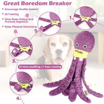 Blue plush octopus dog snuffle toy with a cartoon crying face and a yellow "PETFULED" band, designed for interactive play. - Image 3