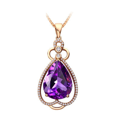 Rose gold necklace with a teardrop purple gemstone pendant and matching dangle earrings. - Image 6