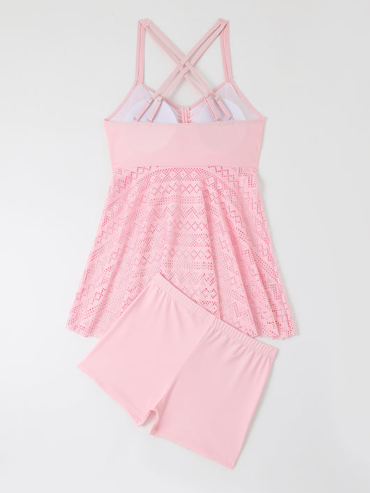 Plus size red two-piece swimsuit with a sling top and a laser-cut swim skirt, worn with a straw hat. - Image 33