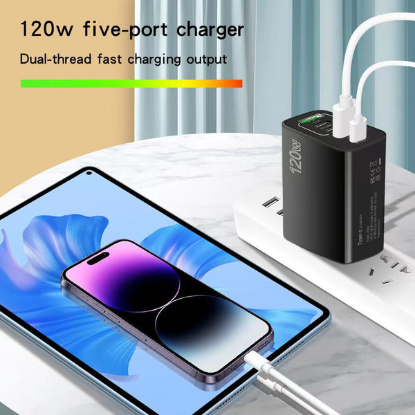 Cargador Rápido Multipuerto 120W - Enchufes Europeos, Americanos y Británicos