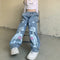 Jeans Rectos Talle Alto con Pentágrama Calavera - Diseño Alternativo Ajustable