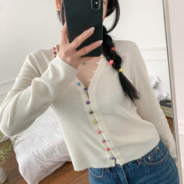 Cardigan de Lana Blanco Cuello V con Hebilla Arcoíris - Suéter Elegante Primavera