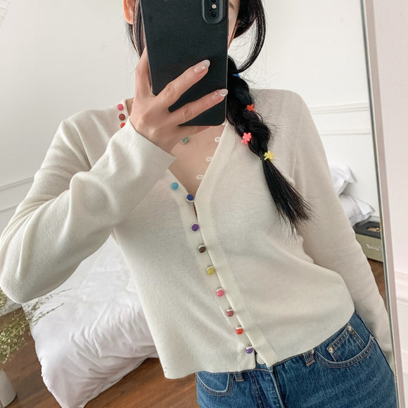 Cardigan de Lana Blanco Cuello V con Hebilla Arcoíris - Suéter Elegante Primavera