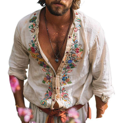 Camisa Casual Retro Hombre Cuello Abierto con Bordados - Image 5