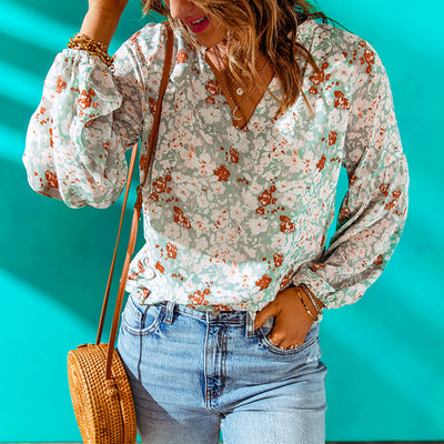 Blusa Floral de Gasa Suelta con Cuello en V - Image 4