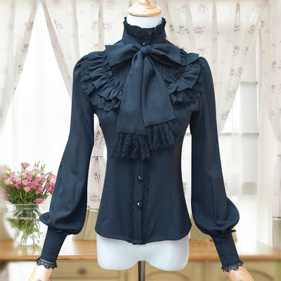 Blusa Lolita Elegante Retro Cuello Alto Manga Larga Ajustada Multicolor - Image 7