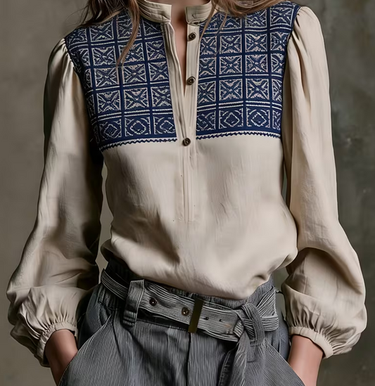 Blusa Étnica Bordada de Lino Tencel con Cuello Mao y Mangas Abullonadas - Image 2