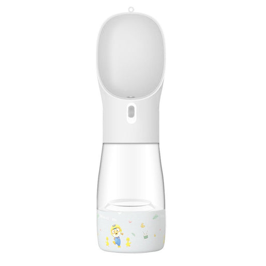 Pink portable pet water bottle with integrated feeder bowl, clear reservoir, and dispensing button for dogs. - Image 19