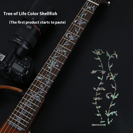 Blue cloud-shaped inlay stickers for guitar fingerboards, shown on a guitar neck and as a full sheet. - Image 38