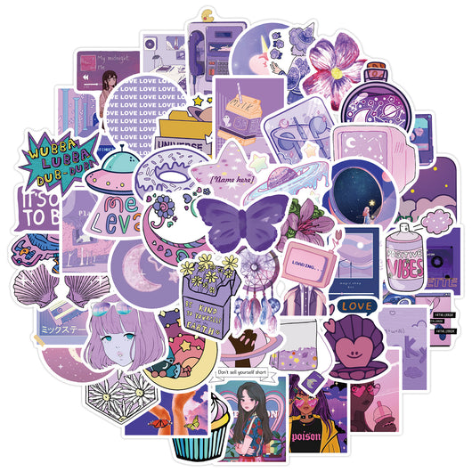Set of 50 purple-themed graffiti stickers featuring diverse cartoon and aesthetic designs for personalization. - Image 2