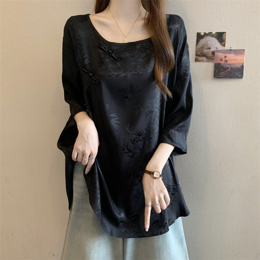 Blusa Vintage con Jacquard y Botones Estilo Chino - Image 3