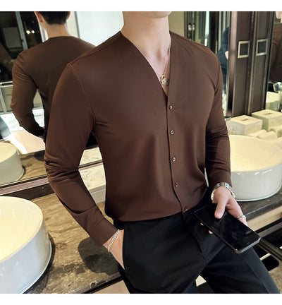 Camisa de Cuello V Manga Larga con Textura Waffle para Hombre - Image 24