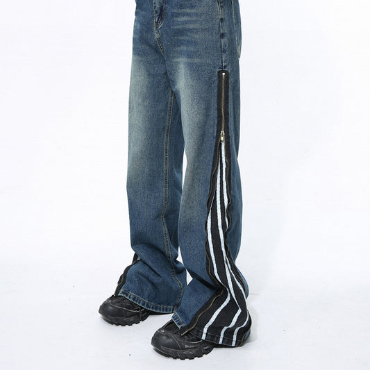 Pantalones Vaqueros Patchwork Retro Estilo Americano con Cierre de Diseño