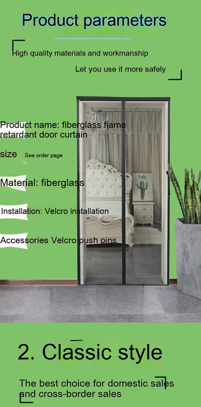Black fiberglass mosquito-proof screen door mesh with magnetic closure, shown installed in a doorway and with close-ups of its features. - Image 15