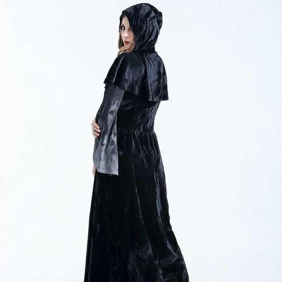 Disfraz de Bruja Gótica Medieval Maleficent - Vestido Negro Largo con Capucha para Halloween y Carnaval