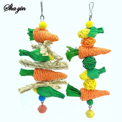Colorful bird toy with woven straw carrots, corn cobs, braided perches, and a bell, for hanging in a cage. - Image 7