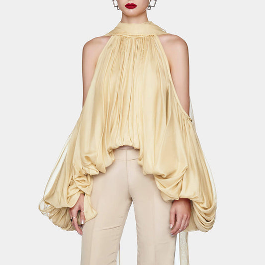 Blusa Elegante Francesa con Lazo, Hombros Descubiertos y Mangas Abullonadas
