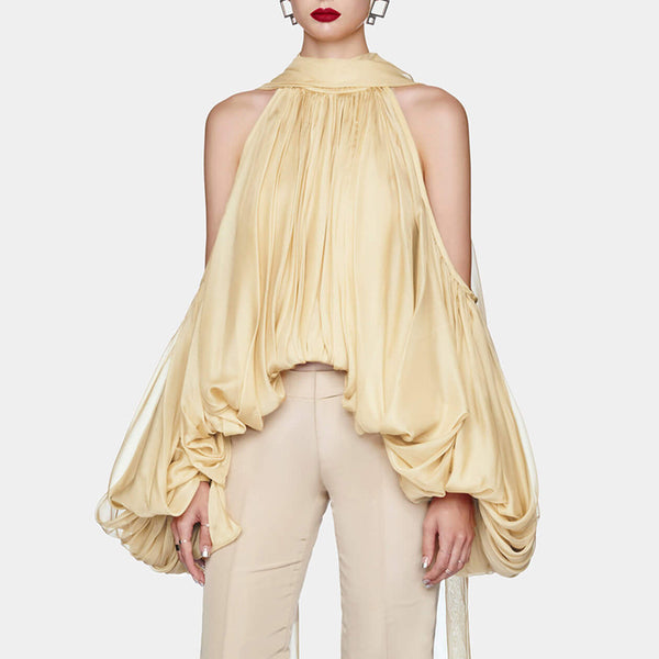 Blusa Elegante Francesa con Lazo, Hombros Descubiertos y Mangas Abullonadas