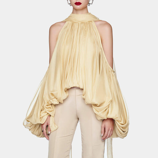 Blusa Elegante Francesa con Lazo, Hombros Descubiertos y Mangas Abullonadas