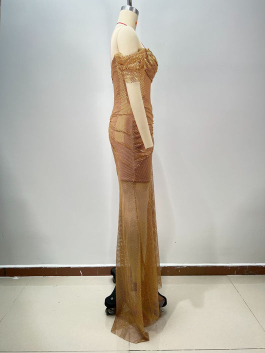 Vestido Largo Dorado Elegante Escote Descubierto Espalda Abierta Ajustado - Image 13