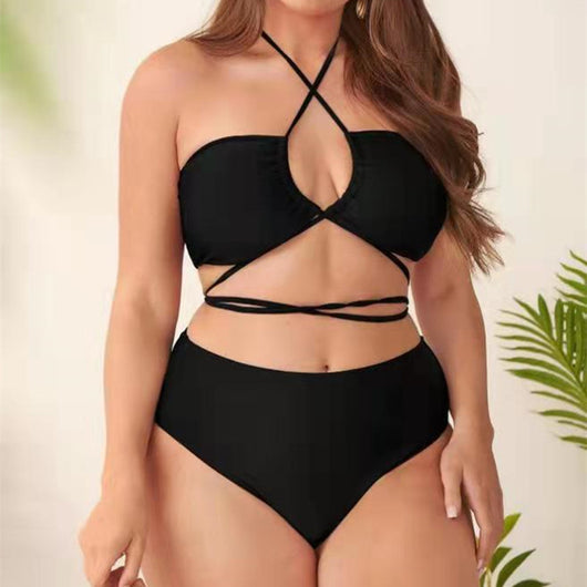 Plus size orange bikini set with a strapless halter top and high-waisted bottoms with multiple waist straps. - Image 4