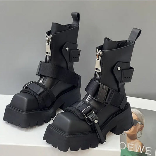 Botines de Cuero con Punta Cuadrada y Suela Gruesa para Mujer