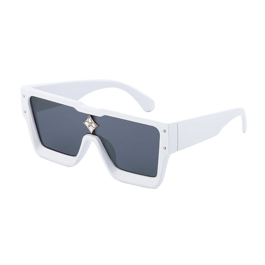 Black large frame square sunglasses with dark lenses and a gold star-shaped embellishment on the bridge. - Image 4