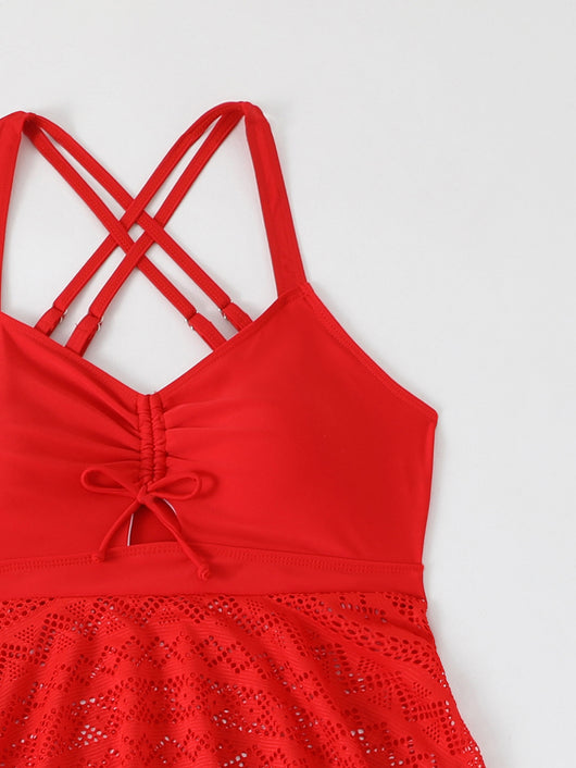Plus size red two-piece swimsuit with a sling top and a laser-cut swim skirt, worn with a straw hat. - Image 12