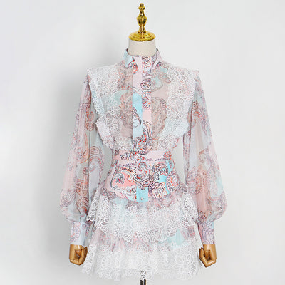 Conjunto Falda y Blusa Primavera con Cuello Elevado y Mangas Linterna - Image 3