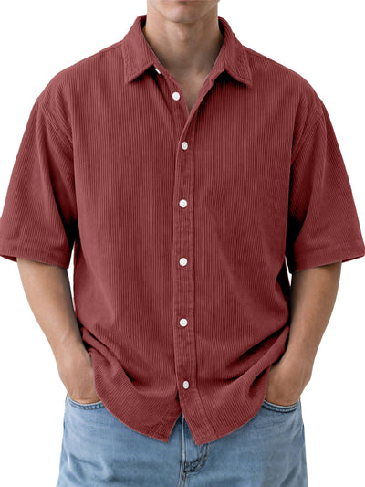 Camisa de Pana Suelta para Hombre - Manga Corta Color Sólido - Image 12