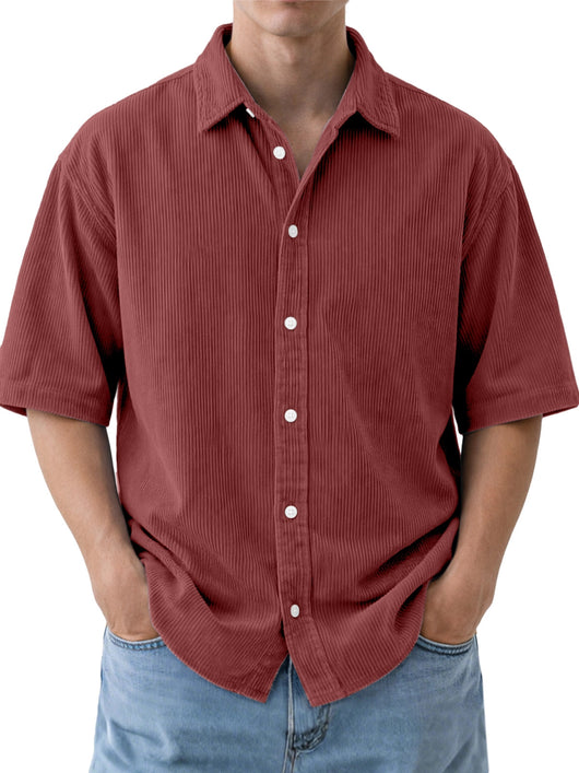 Camisa de Pana Suelta para Hombre - Manga Corta Color Sólido - Image 12