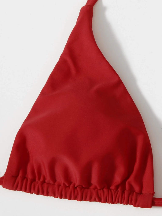Red three-piece mesh swimsuit for women, featuring a triangle bikini top, tie-side bottoms, and a matching sarong cover-up. - Image 13