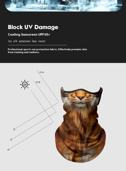 Yellow cat face ice silk neck gaiter with ear loops, designed for sun protection during outdoor sports like cycling. - Image 22