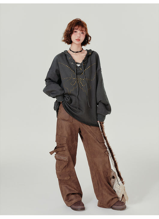 Sudadera Retro con Capucha Mujer - Cuello V Cordones y Remaches - Image 18