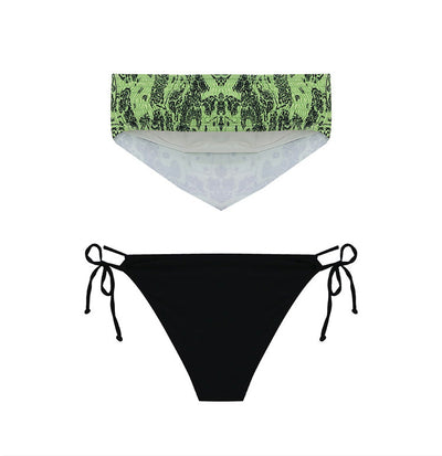 Lime green bandana print bandeau bikini top with black low-rise tie-side bottoms on a woman by a pool. - Image 25