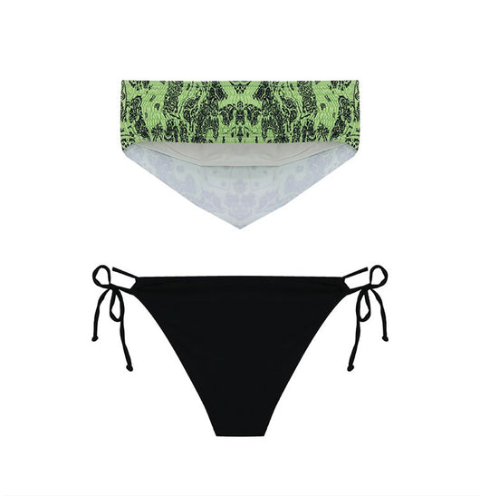 Lime green bandana print bandeau bikini top with black low-rise tie-side bottoms on a woman by a pool. - Image 25