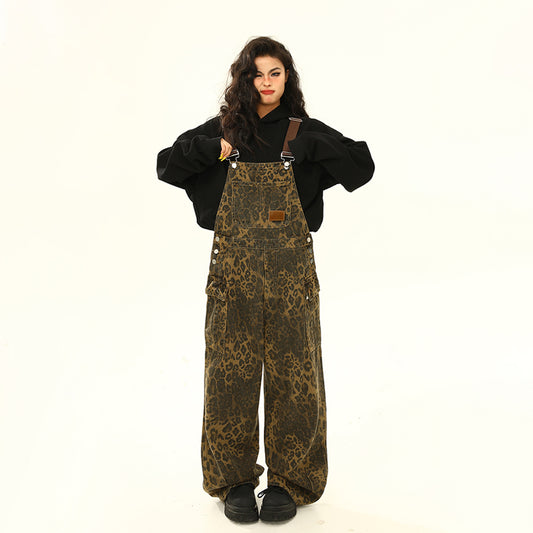 Pantalón Cargo Leopardo con Tirantes Ancho Pierna Suelta
