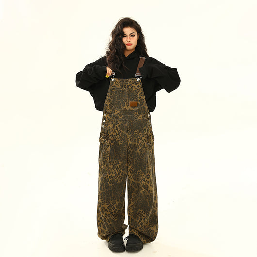 Pantalón Cargo Leopardo con Tirantes Ancho Pierna Suelta
