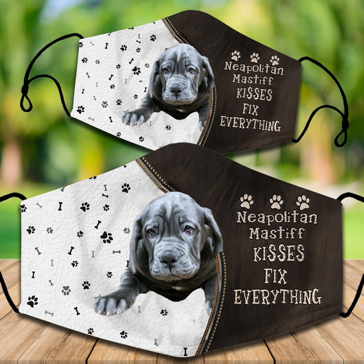 Two cotton face masks with a French Bulldog puppy peeking out, paw prints, and "French Bulldog Kisses Fix Everything" text. - Image 19