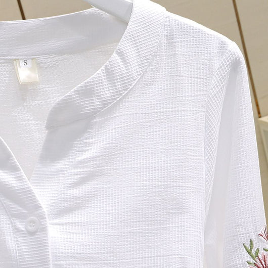Blusa de Algodón con Escote V y Bordado Plisado Manga Larga - Image 3