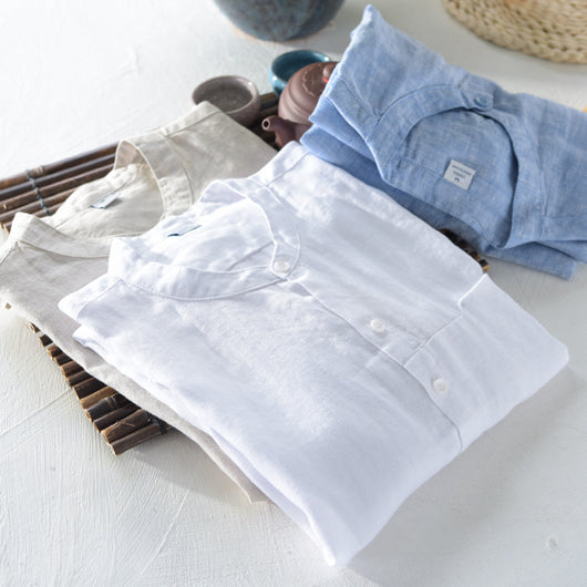 Camisa de Lino y Algodón Transpirable con Cuello de Pie para Hombre - Image 4