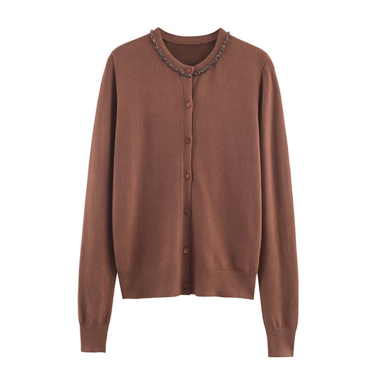 Cardigan Elegante de Cuello Redondo y Manga Larga con Detalles de Joyería - Image 10