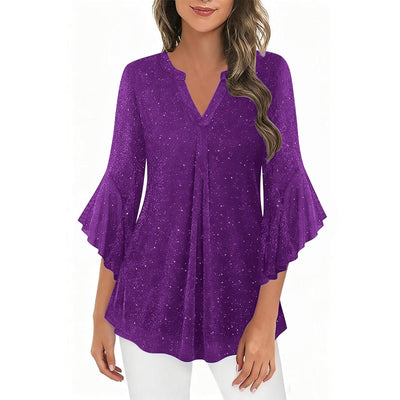 Blusa Suelta de Malla Plateada con Cuello V y Mangas 3/4 Pétalos - Image 43